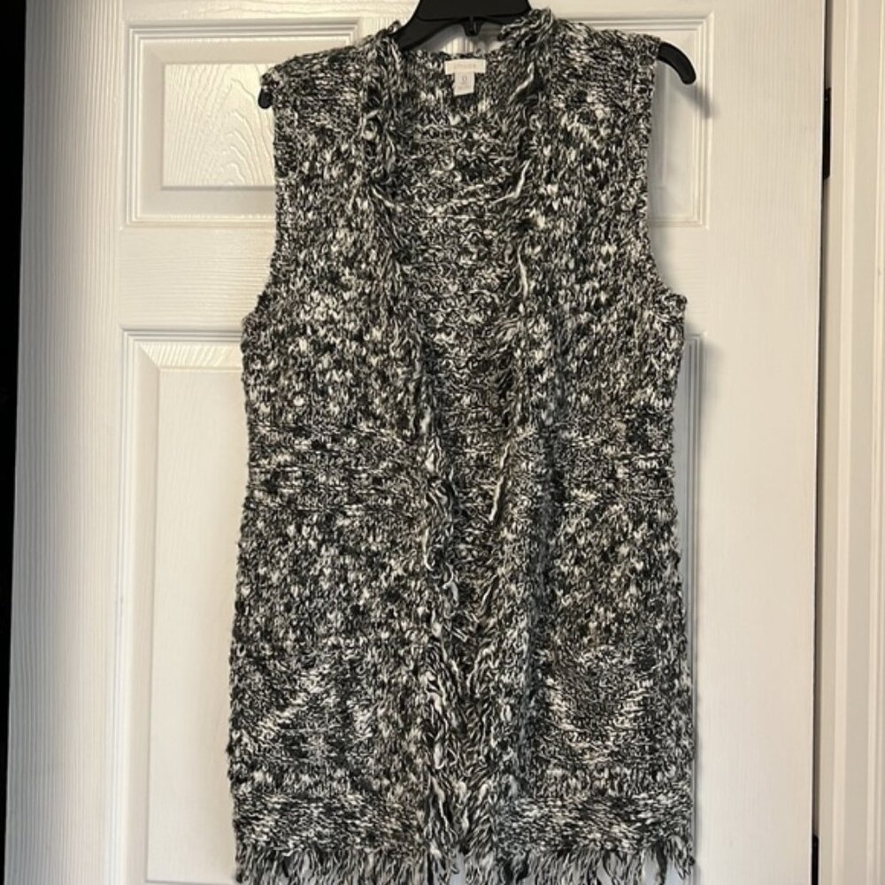 Chicos Black White Marled Fringe Vest Open Long Knit Sweater Cardigan Duster S